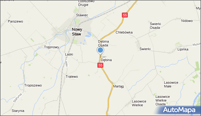 mapa Dębina, Dębina gmina Nowy Staw na mapie Targeo